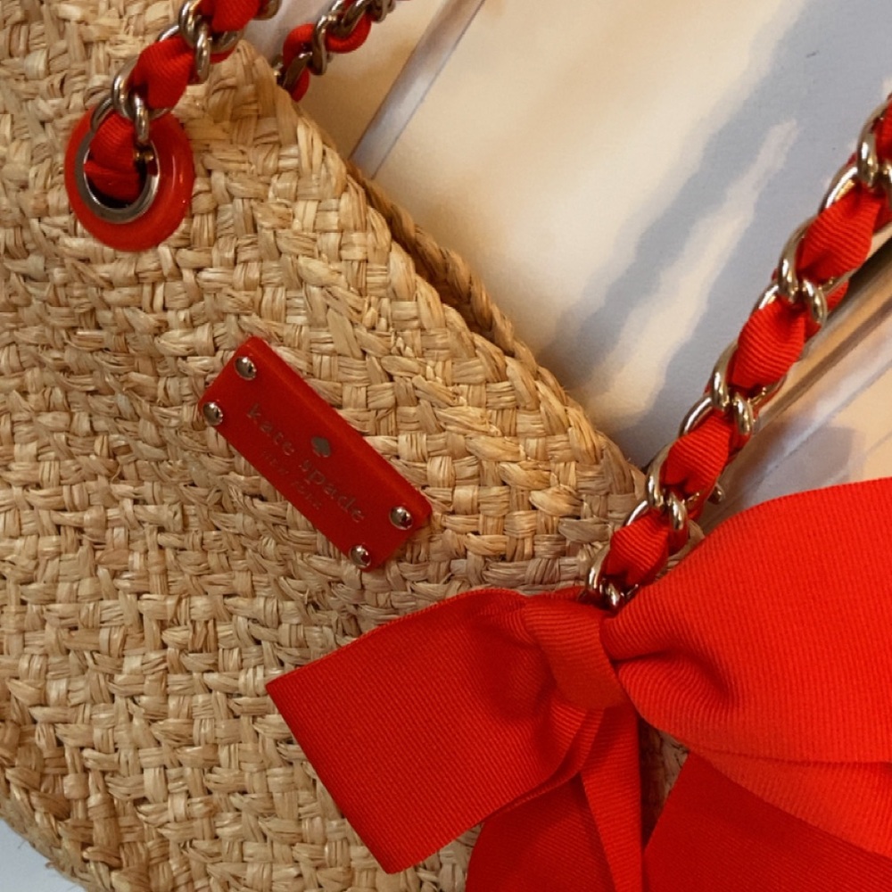 kate spade Natural Straw Tote with orange/Red Bow and Chain Handles
